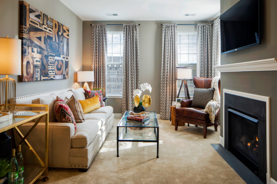 Living room image with fireplace Creekstone Village apartments in Pasadena, MD